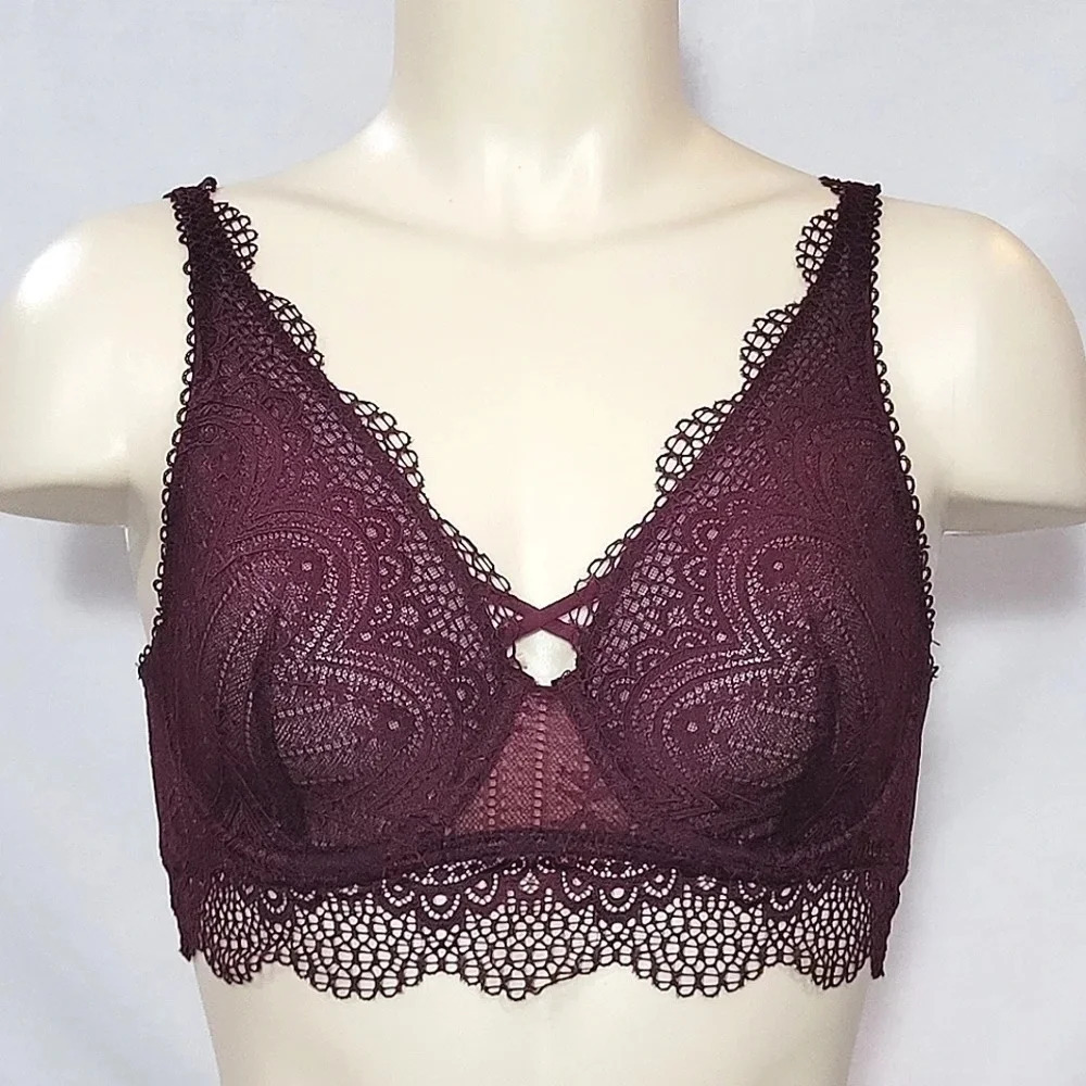 XS X-SMALL Gilligan & OMalley Semi Sheer Lace Underwire Bralette Boysenberry NWT